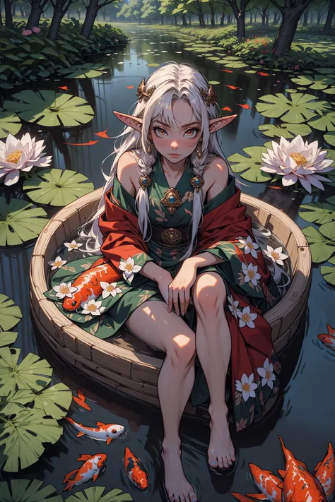 masterpiece, trending on artstation, 8k wallpaper, 8k, intricate details, absurdes, highest quality, cosmic Elven queen surrounded by cherry trees, extreme beauty, beautiful, leaves and flowers surrounding, forest, garden, dynamic shot, dynamic angle, natural pose, view from above, sitting, small pond, koi, feet in water,