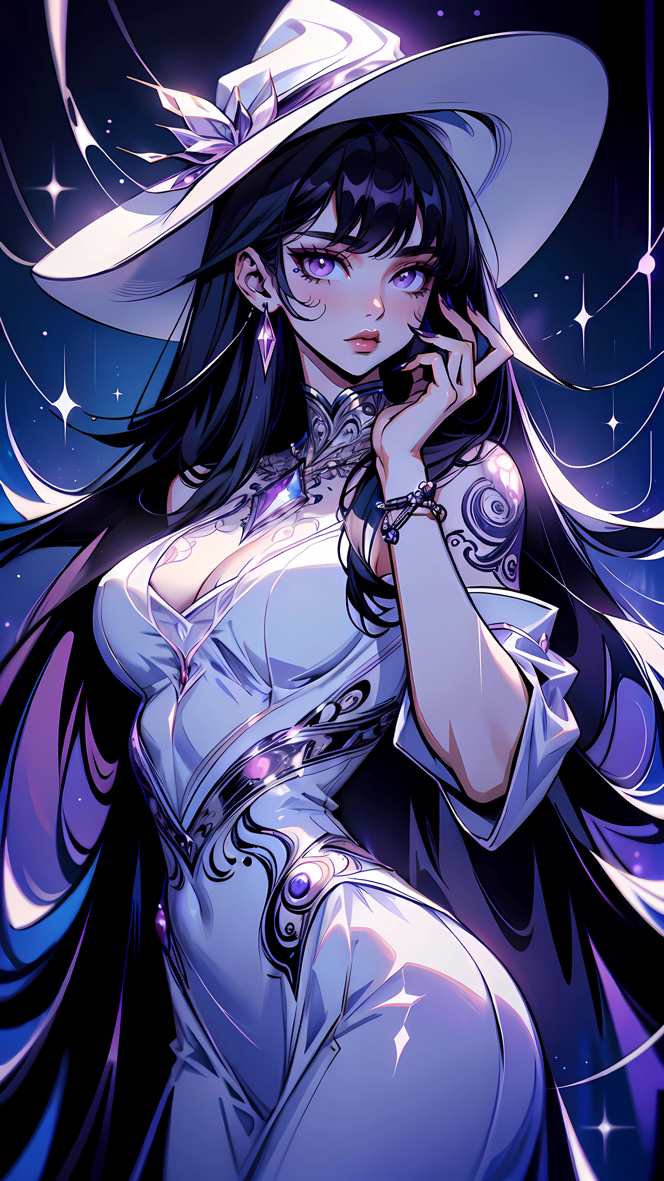 1 woman, black long straight hair, bangs flowing over face, dark make up, dark nails, dark body tattoo dark psionicmagic aura, dark psionic magic in hands, wearing all white mage intricate outfit, jewlery, mage beautiful tattered hat, sexy body, atmosphere, dynamic lighting,
<lora:PsionicMagic:1>