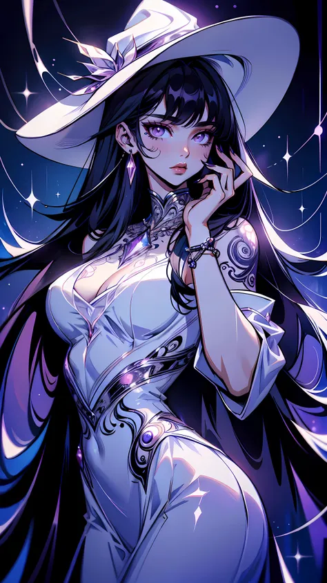 1 woman, black long straight hair, bangs flowing over face, dark make up, dark nails, dark body tattoo dark psionicmagic aura, dark psionic magic in hands, wearing all white mage intricate outfit, jewlery, mage beautiful tattered  hat, sexy body,  atmosphere, dynamic lighting,
<lora:PsionicMagic:1>