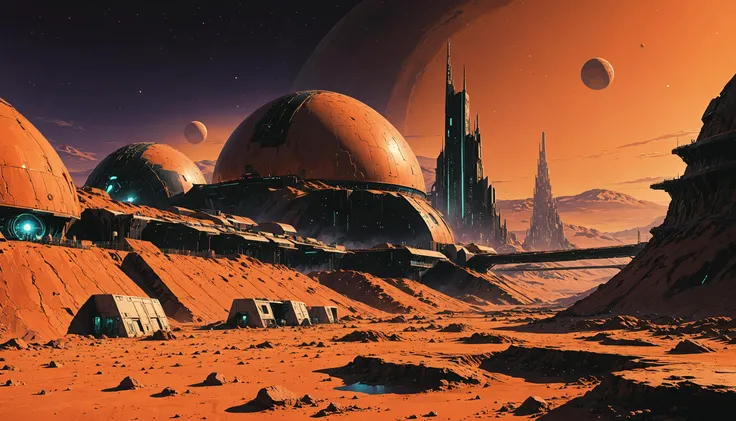 impactful color paint of a A futuristic city on a Mars base with domed structures <lora:Orange_Bloom:0.6>, highly detailed, vibrant colors , 8k, sharp, professional, clear, high contrast, high saturated, , vivid deep blacks, crystal clear