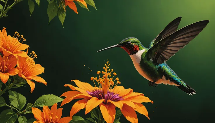 impactful color paint of A hummingbird sipping nectar from a vibrant flower <lora:Orange_Bloom:0.3>,    highly detailed,  vibrant colors , 8k,   sharp,  professional, clear,   high contrast, high saturated, , vivid deep blacks, crystal clear