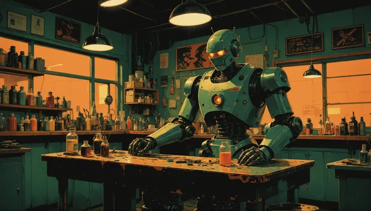 impactful color paint of A retro robot repair shop, where mechanics tinker with clunky yet endearing android <lora:Orange_Bloom:0.3>,    highly detailed,  vibrant colors , 8k,   sharp,  professional, clear,   high contrast, high saturated, , vivid deep blacks, crystal clear