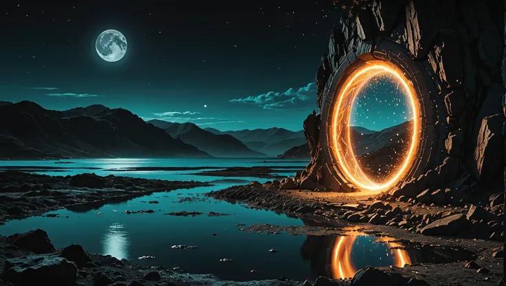impactful color paint of a lagoon sea, at night, multiple moons, nocturnal landscape, dark mystical vibes, highly detailed, vibrant colors, 8k, sharp, professional, clear, high contrast, high saturated, vivid deep blacks, crystal clear <lora:Orange_Bloom:0.3>
BREAK a magic portal, another dimension, particles