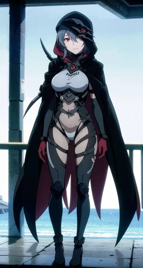 anime waifu bodybuilder, cute face, serious face, perfect body, fit body, abdomen, large breasts, muscular, A2 of nier automata, ninja outfit, with black cape and hood