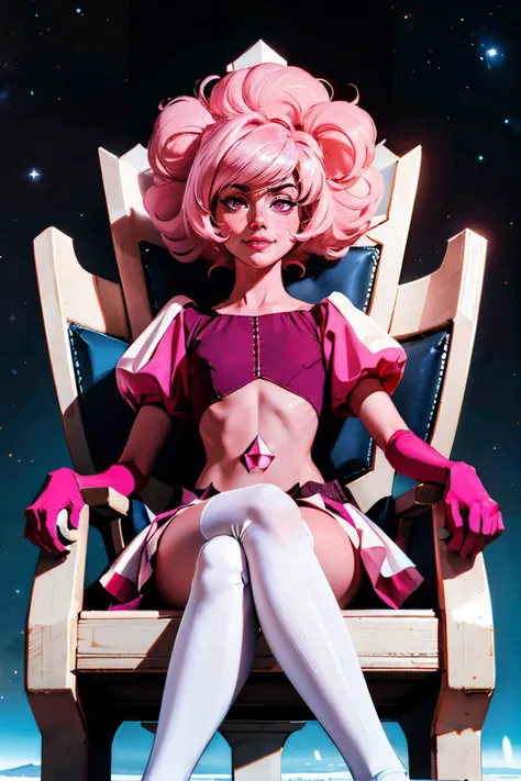 pnkdamond,giantess, large pink hair, pink eyes, stomach gem, pink skin,dress, puffy short sleeves, elbow gloves,white thighhighs, small skirt, looking at viewer, serious, smirk,
from_below, sitting, legs crossed, on large throne chair, space and stars background, extreme detail, masterpiece, <lora:pinkdiamond:.9>