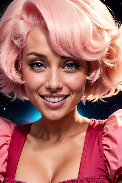 pnkdamond, large pink hair, pink eyes, pink skin,,dress, puffy short sleeves, looking at viewer, smiling, close up, space, stars, high quality, masterpiece, <lora:pinkdiamond:.8>
