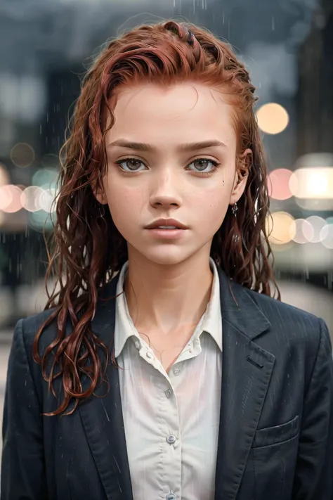 (DollieNobodySD15:0.8) portrait beautiful ginger woman wearing a business suit long sleeve button shirt caught in the rain curly red hair wet hair, busy city background night dark, (masterpiece:1.2) (illustration:1.1) (best quality:1.2) (detailed) (intricate) (8k) (HDR) (wallpaper) (cinematic lighting) (sharp focus) <lora:zovyaWetHairLORA64_V1:0.95>