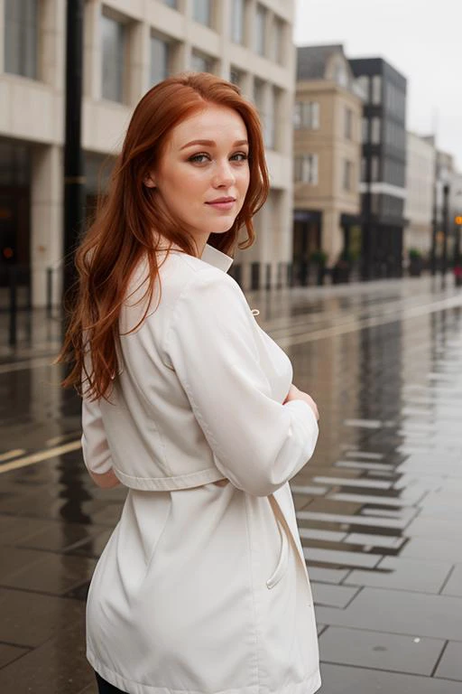 DEN_leanna_deckerMK2, wet hair, make up, wears, white pants, black sweater, white coat, black boots, gray sky, it's raining, in the streets of London, posing, teasing, sexy ass, ultrahd, realistic, perfect face, perfect body, realistic, ultra-detailed face, ultra-detailed eyes, wet hair, smile <lora:zovyaWetHairLORA64_V1:0.2> wet hair