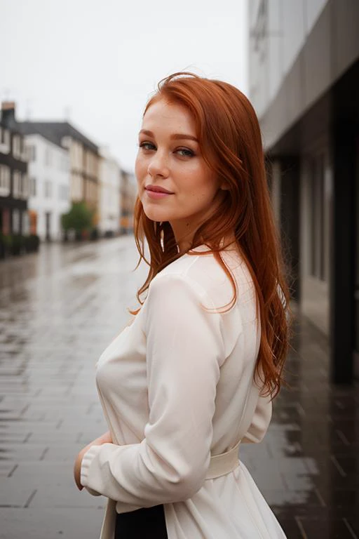 DEN_leanna_deckerMK2, wet hair, make up, wears, white pants, black sweater, white coat, black boots, gray sky, it's raining, in the streets of London, posing, teasing, sexy ass, ultrahd, realistic, perfect face, perfect body, realistic, ultra-detailed face, ultra-detailed eyes, wet hair, smile <lora:zovyaWetHairLORA64_V1:0.2> wet hair