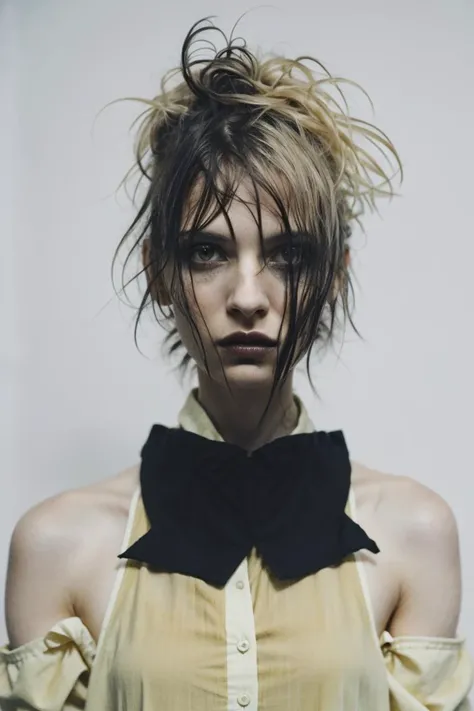 award winning fashion photo upper body, portrait, ultra photorealistic, photorealism, (matter:1.2), photo taken with ektachrome, strange portraiture, surreal, liminal dark and moody tones, a stunning photograph of weird person with colorful wet hair, Color film photograph, FilmG, 8k, raw photo, (film grain:1.0), 24mm, on focus, simple white background, cinestill, absurdres, hyper realistic lifelike texture, expressive look, <lora:zovyaWetHairLORA64_V1:0.42> <lora:20230529070953:0.69>