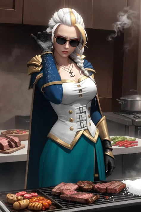 (high quality:1.1), cinematic lighting, extremely detailed,
JainaProudmoore, mature female, (SaltBaeMeme,  sunglases:1.1), (salt:1.3), (grill:1.1), smoke, kitchen, arm up, arm at side, cooking, grilling, meat, 
determined,
white hair, blonde hair, streaked hair, single braid, eyeshadow, lipstick, makeup, detailed face, blue eyes, anchor necklace,
single pauldron, cape, cropped jacket, corset, detached sleeves, gloves, (blue pants:1.1), (skirt:1.1), single gauntlet,
<lora:JainaProudmooreV1:0.8> <lora:SaltBaeMeme:1>