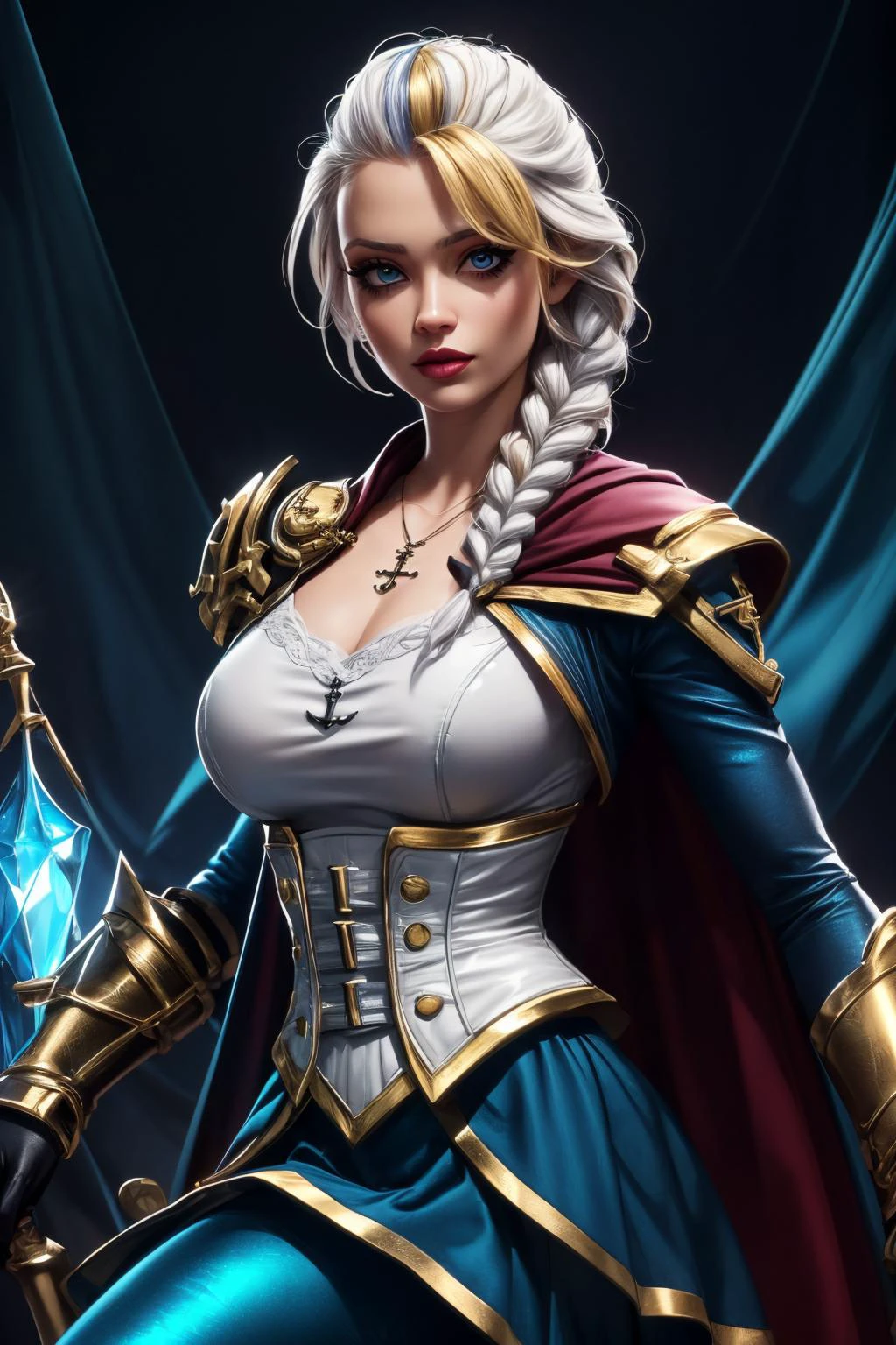 (ultra realistic,32k,RAW photo:1.1),(high detailed skin:1.1), 8k uhd, dslr, high quality, film grain, (makeup, mascara:1.1), lips,(thick\lips\),
(shiny glossy translucent clothing:1.1), <lora:JainaProudmooreV1:0.7>JainaProudmoore, 1girl, solo,white hair, blonde hair, streaked hair, single braid, eyeshadow, lipstick, makeup, detailed face, (blue eyes:0.75), anchor necklace, magic,single pauldron, cape, cropped jacket, corset, detached sleeves, gloves, (blue pants:1.1), (skirt:1.1), single gauntlet, knee boots, (upper body:1.2), <lora:add_detail:0.83>,
Mimicking a fencing pose,
(busty:1.1) , (chubby:0.1),(radiant:1.2),<lora:LowRA:0.4>, dark theme, A place with a lot of glass details in silver and gold