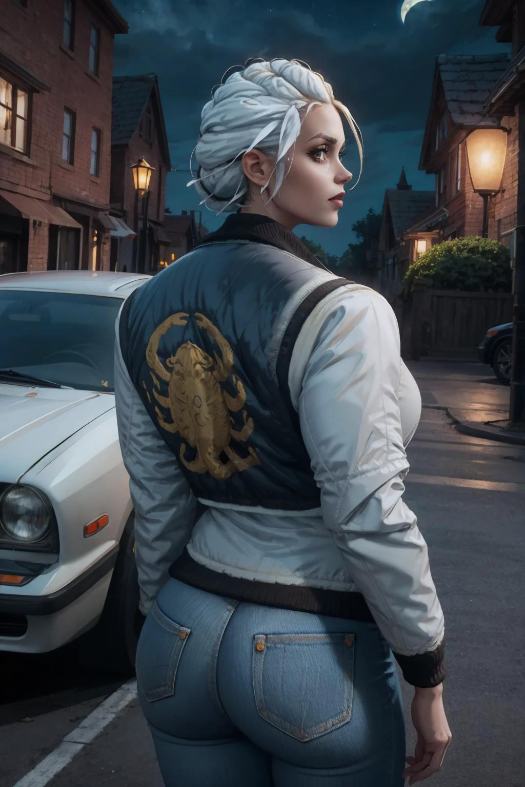 High Quality, Masterpiece, <lora:drivejacket-outfit-richy-v1:0.8> (print jacket, white jacket), from behind, jeans <lora:JainaProudmooreV1:1>, JainaProudmoore, 1girl, outdoors, night, car, looking at viewer,