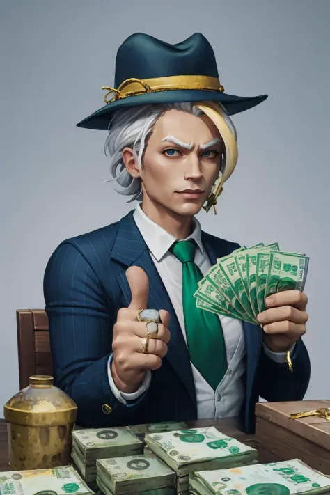 High Quality, Masterpiece <lora:JainaProudmooreV1:1>, JainaProudmoore, <lora:gangstersb:1>, gangstersb, upper body, money, holding, holding money, thumbs up, hat, suit, jewelry, necktie