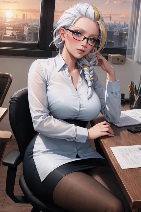 High Quality, Masterpiece, realistic, streaked hair, single braid, <lora:JainaProudmooreV1:0.85>, JainaProudmoore, office lady, office, pencil skirt, shirt, glasses, office table, office chair, sunset, window, seductive, blush, black pantyhose, blue eyes,