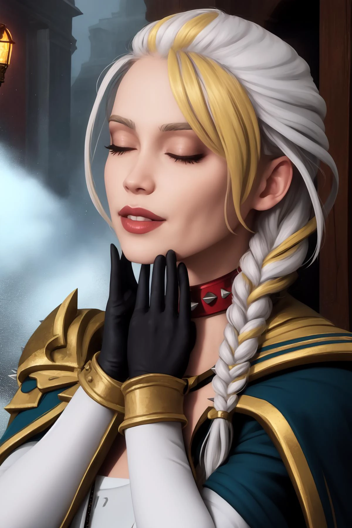 (high quality:1.1), cinematic lighting, extremely detailed,
red (spiked collar:1.2),
JainaProudmoore, solo, 1girl, mature female, FeelsGood, closed eyes, upper body, close-up,
smile,
white hair, blonde hair, streaked hair, single braid, eyeshadow, lipstick, makeup, detailed face, blue eyes, anchor necklace,
single pauldron, cape, cropped jacket, corset, detached sleeves, gloves,
<lora:JainaProudmooreV1:0.8> <lora:FeelsGood:0.8>