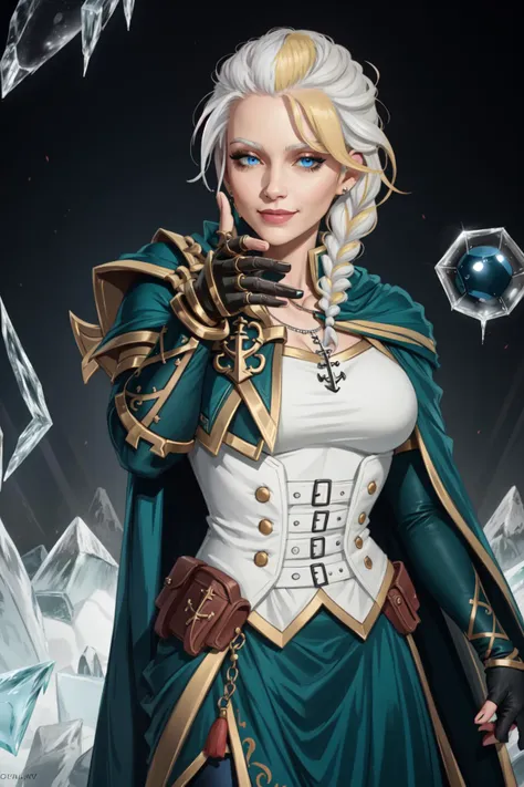 (high quality:1.1), cinematic lighting, extremely detailed,
JainaProudmoore, IncursioThrowingAFatRat, (ice ball:1.4),
smile,
white hair, blonde hair, streaked hair, single braid, eyeshadow, lipstick, makeup, detailed face, blue eyes, anchor necklace,
single pauldron, cape, cropped jacket, corset, detached sleeves, gloves, (blue pants:1.1), (skirt:1.1), single gauntlet,
<lora:JainaProudmooreV1:0.8> <lora:eminemthrowingafatra.0juH:0.8>