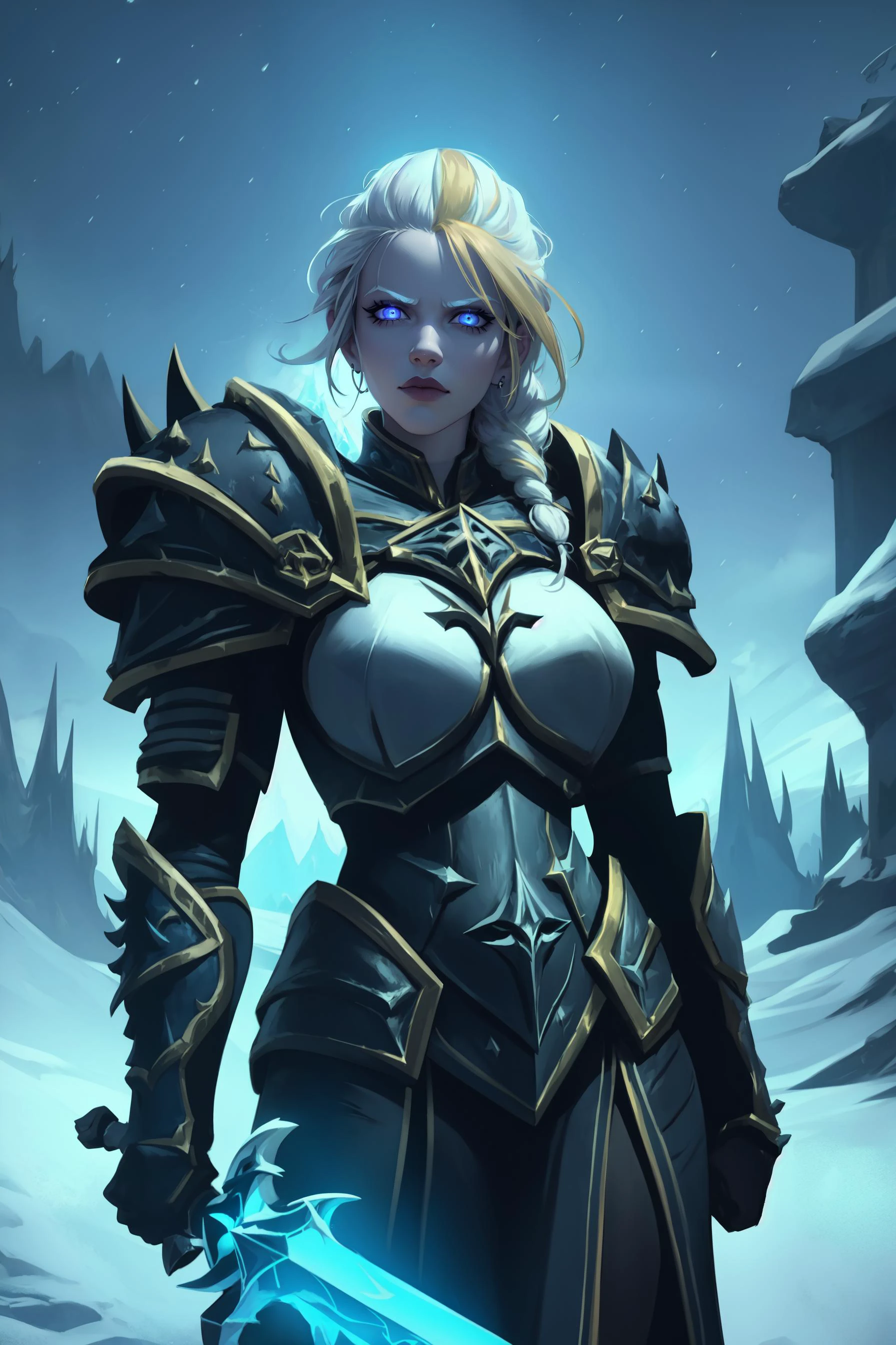 (highres, high quality:1.2), (cinematic lighting:1.1), extremely detailed,
JainaProudmoore as death knight, 1girl, solo, cowboy shot, looking at viewer, standing, holding glowing frost sword,
(determined:1.2), looking at viewer,
white hair, blonde hair, streaked hair, single braid, eyeshadow, lipstick, makeup, detailed face, glowing blue eyes,
death knight armor, shoulder armor, (breastplate:1.2),
winter, frost, night sky, ice throne,
<lora:JainaProudmooreV1:0.75> <lora:sxz-death-knight:0.7>