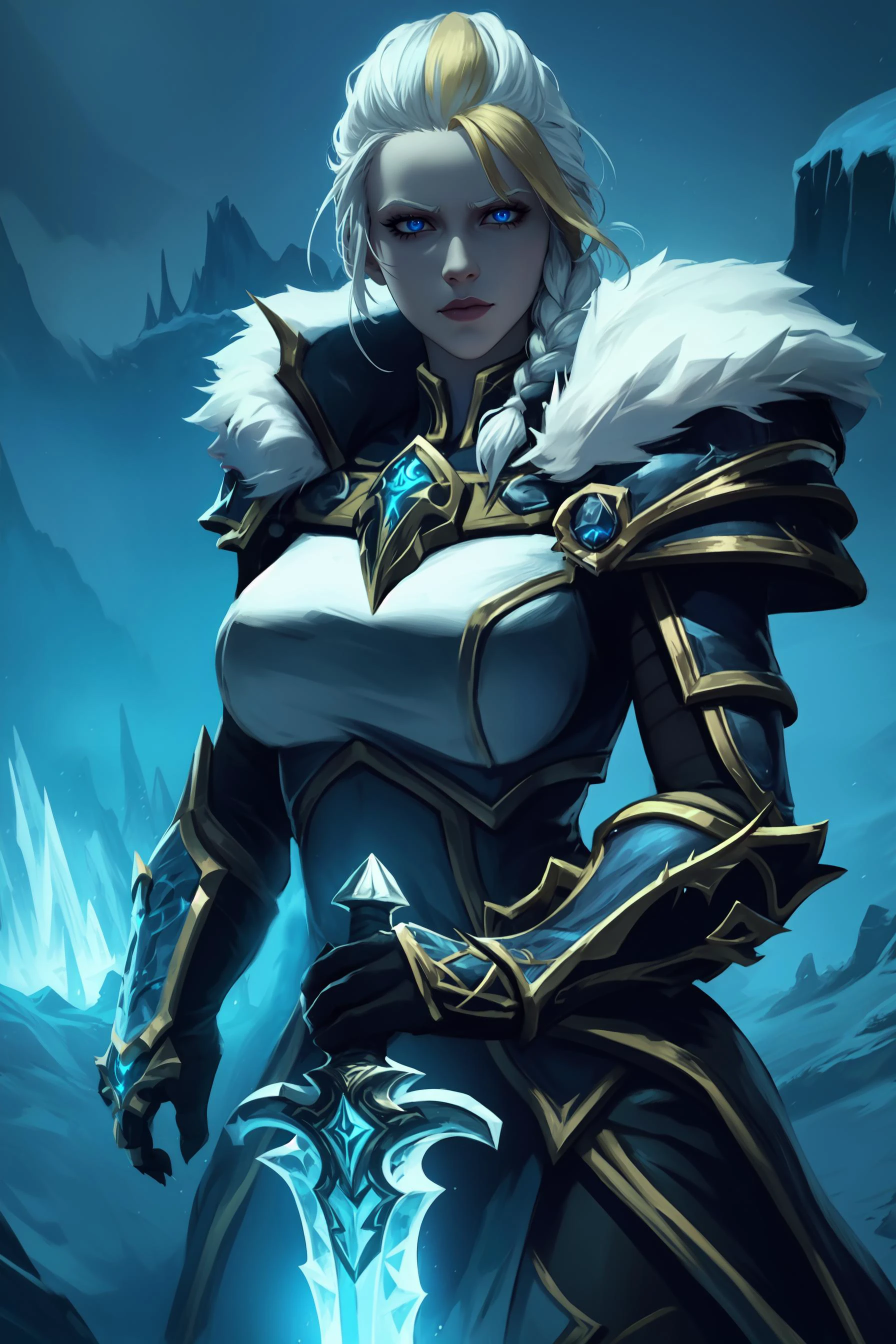 (highres, high quality:1.2), (cinematic lighting:1.1), extremely detailed,
JainaProudmoore as death knight, 1girl, solo, cowboy shot, looking at viewer, standing, holding glowing frost sword, (planted sword:1.1), (hands on hilt:1.2),
determined, looking at viewer,
white hair, blonde hair, streaked hair, single braid, eyeshadow, lipstick, makeup, detailed face, glowing blue eyes,
death knight armor, (skull armor:0.6), shoulder armor, fur trim, (breastplate:1.2),
winter, frost, night sky, ice throne,
<lora:JainaProudmooreV1:0.75> <lora:sxz-death-knight:0.7> wowdk,