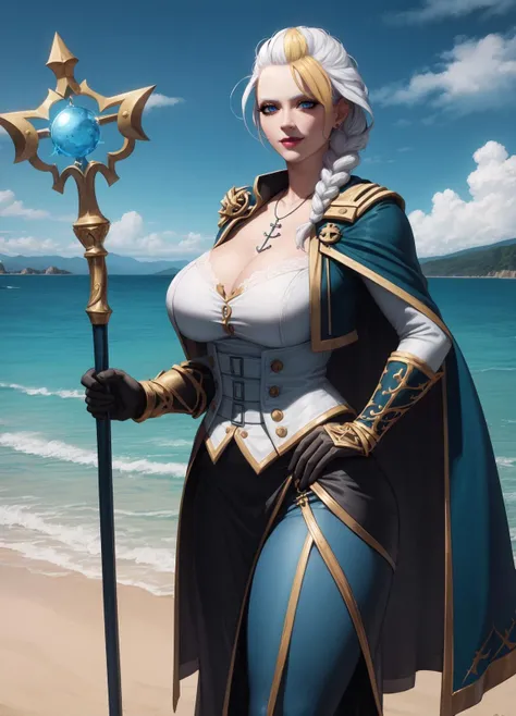(masterpiece, highres, high quality:1.2), intricate details, hyperdetailed, cinematic lighting, ambient occlusion, realistic, render, extremely detailed,
JainaProudmoore, 1girl, (solo:1.1), cowboy shot, looking at viewer, standing, (holding glowing staff:1.2), outdoors, sunny weather, ocean, savannah beach, mountains, fantasy, magic, complex background,
determined, smile,
white hair, blonde hair, streaked hair, single braid, eyeshadow, lipstick, makeup, detailed face, blue eyes, anchor necklace,
blue clothes, single pauldron, cape, cropped jacket, corset, detached sleeves, gloves, (pants:1.1), (skirt:1.1), single gauntlet,
curvy, large breasts, cleavage,
<lora:JainaProudmooreV1:0.95>
