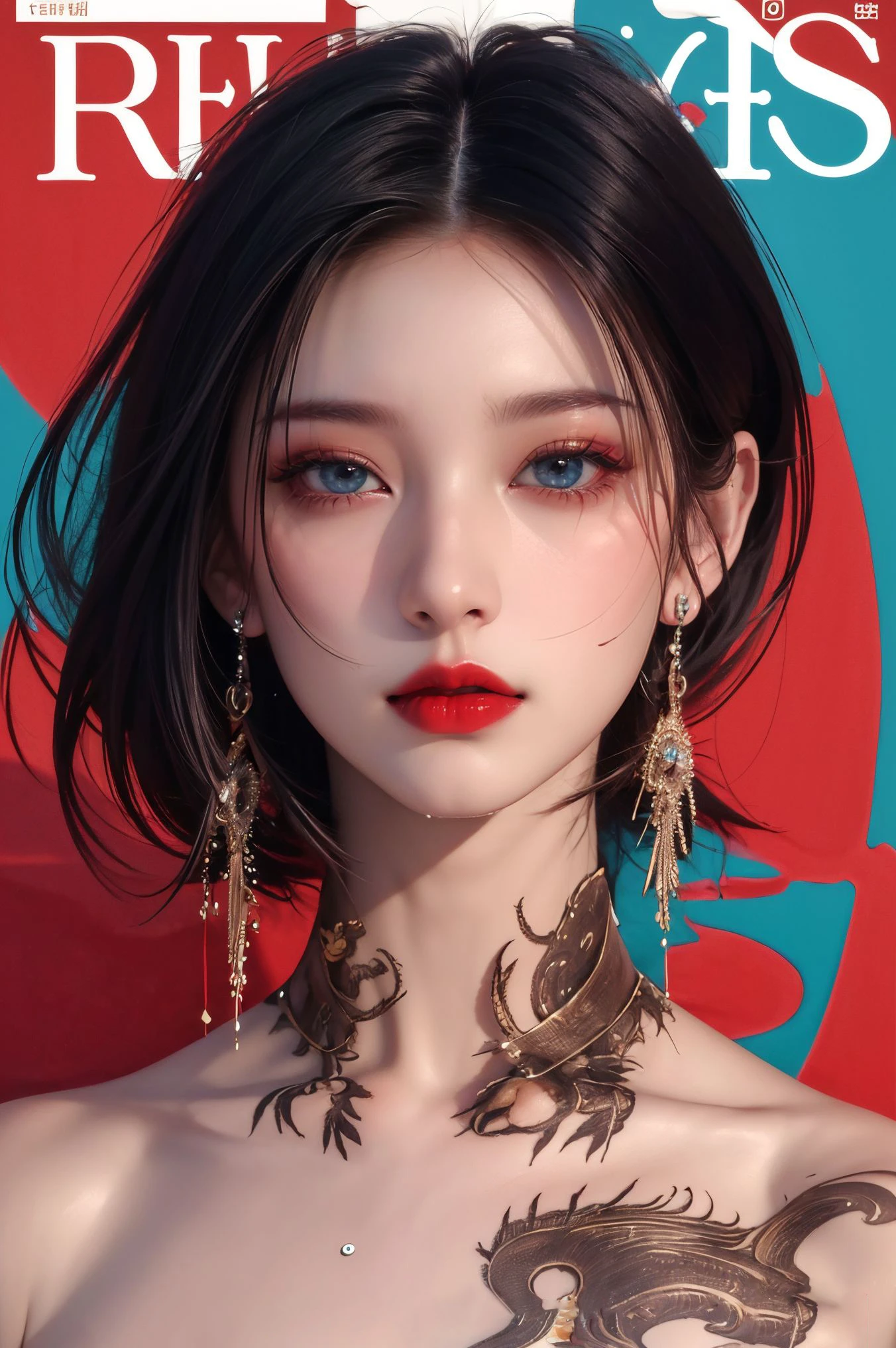 offcial art,colorful,Colorful background,splash of color,movie perspective,advertising style,magazine cover,
A beautiful woman with delicate facial features,(meca style),tattoo all over body,in a large villa,indoor,
Best quality,masterpiece,ultra high res,Modern,Chinese,Song rhyme,Oriental,
A mature face,cold attitude,(eyeshadow,eyeliner:0.9),(red lips:1.3),watery eyes,Blue eyes,
<lora:~Q?-Q8j! xuer Cold face:0.8>,