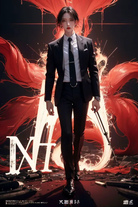 ((((dramatic))), (((gritty))), (((intense))) film poster featuring a young male as the central character. She stands confidently in the center of the poster, wearing a stylish and edgy outfit, with a determined expression on her face. The background is dark and gritty, with a sense of danger and intensity. The text is bold and attention-grabbing, with a catchy tagline that adds to the overall feeling of drama and excitement. The color palette is mainly dark with splashes of vibrant colors, giving the poster a dynamic and visually striking appearance,tachi-e (magazine:1.3), (cover-style:1.3), fashionable, vibrant, outfit, posing, front, colorful, solo, looking at viewer, shirt, white shirt, male focus, necktie, collared shirt, pants, black pants, formal, suit, black necktie, watch, wristwatch, black suit, FH,full body,(long legs:1.2),Visual impact,A shot with tension,(upper body:1), sideways glance,cold attitude, Ear stud,tattoo, A mature face, xuer Cold face,,<lora:~Q?-Q8j! xuer Cold face:0.8>,,,