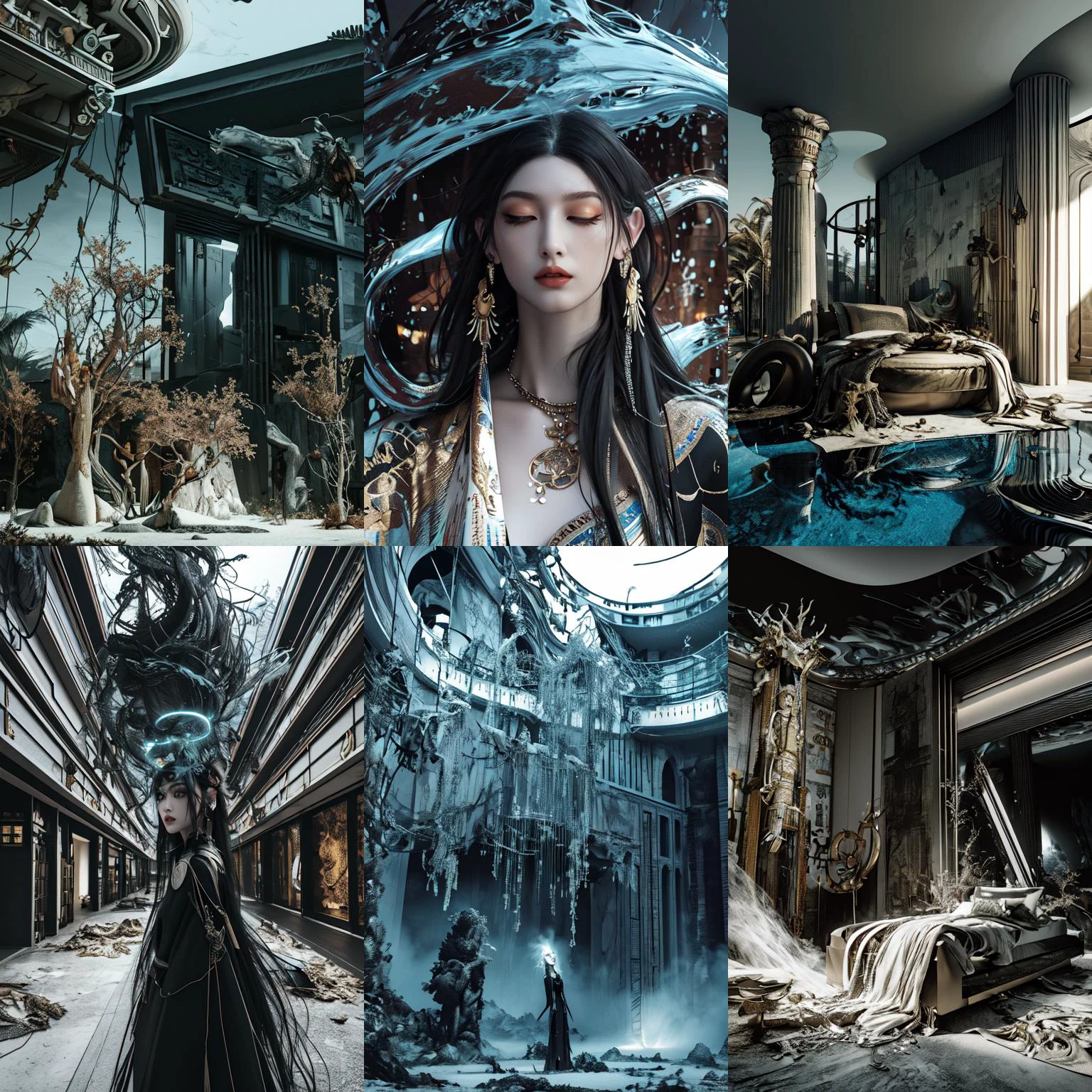 (otherworldly, otherworldly atmosphere, otherworldly appearance), highly insanely detailed, masterpiece, top quality, best quality, highres, 4k, 8k, RAW photo, ((ancient egyptian theme:1.2)), 
(mystical theme), mystical gatmosphere, arcane sanctuaries, otherwordly aura, 
(long_hair, long hair, random colors hair, glowing hair, hair over one eye, long messy hair), 
(eyelashes, eyeliner, eyeshadow, eyelashes, long eyelashes), 
collar, earrings, jewelry, necklace, armlet, 
tentacle, (underwater), nsfw, 
Homestay, Resort, Guest House, 
building, structure, still life, swirling energy, 
action pose, 
drunk, closed eyes, 
abandoned building, shopping mall, overgrown with vegetation, [volumetric fog], cinematic lighting, colorful, 
cover art, surrealist art Clockwork "I can see for miles and miles.", dreamlike, mysterious, provocative, symbolic, intricate, 
<lora:ç»ªå¿-é«å·è¸æ¨¡ xuer Cold face:0.8>, (fantasy world)