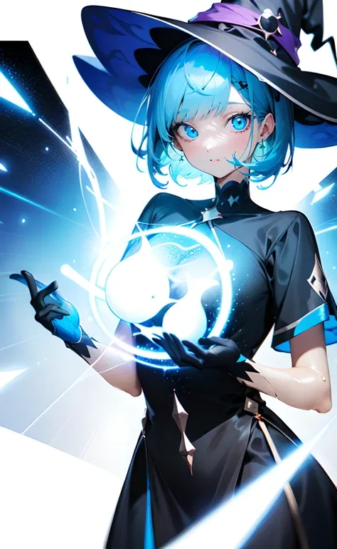 1girl, casting spell, magic, short hair, blue hair, blue eyes, witch hat, black dress, short sleeves, black gloves, abstract background, light particles, light rays