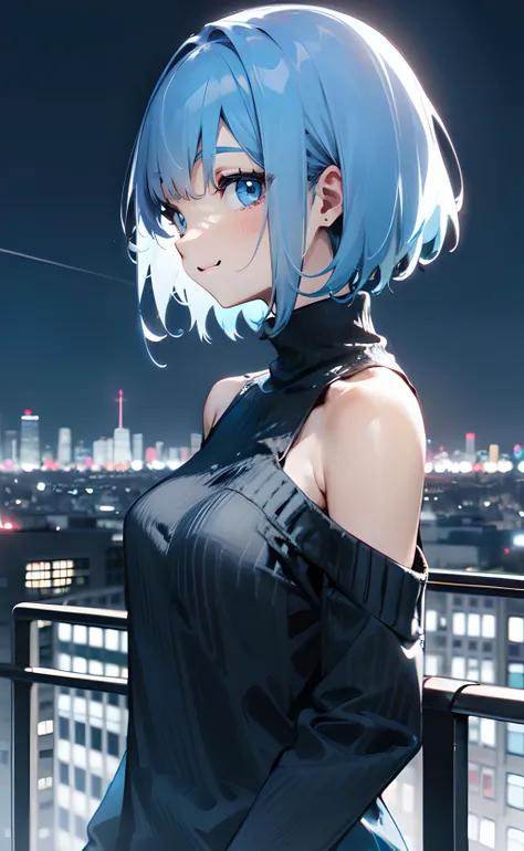 1girl, upper body, standing, from side, short hair, blue hair, blue eyes, black sweater, long sleeves, shoulder cutout, bare shoulders, closed mouth, smile, outdoors, city, cityscape, night, night sky