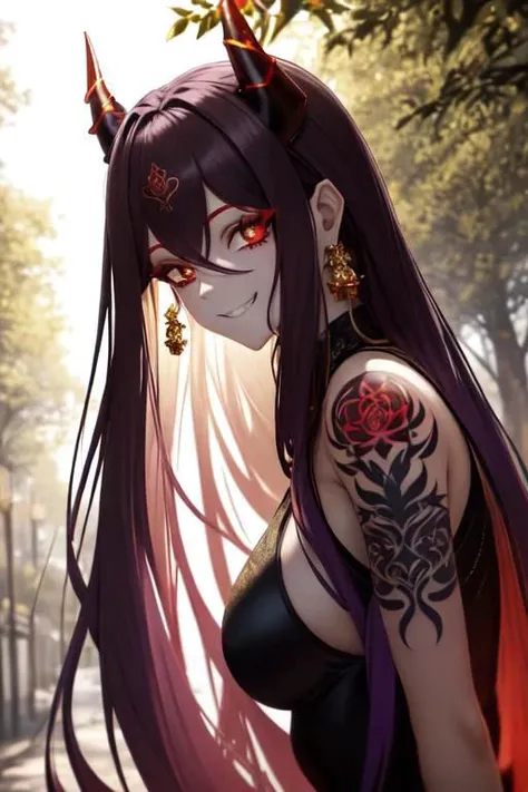high quality. masterpiece, 8k, street, tree, road, tree canopy, upper body, face focus, 1girl, arrogant, mei, horns, long hair, (purple eyes:1.1), purple Amethyst hair, evil smile, big grin, golden red copper sliver tattoo black leggings, Amethyst laced glow tattoo black bodystockings, lace fractal red and golden glow enhanced skeleton Amethyst black tattoo bodysuit, red flower tattoo, long glow hair, glow golden earrings, red eyes, white face, tattoo mark mask tattoo, arrogant, she is standing, sunlit, weak lights and shadow, tree canopy, street, red flowers, evergreen, face focus,