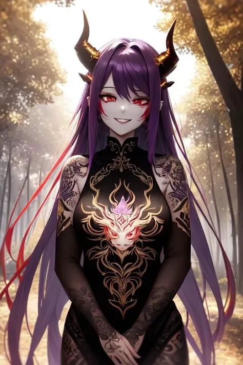 high quality. masterpiece, 8k, street, tree, road, tree canopy, upper body, face focus, 1girl, arrogant, mei, horns, long hair, (purple eyes:1.1), purple Amethyst hair, evil smile, big grin, golden red copper sliver tattoo black leggings, Amethyst laced glow tattoo black bodystockings, lace fractal red and golden glow enhanced skeleton Amethyst black tattoo bodysuit, red flower tattoo, long glow hair, glow golden earrings, red eyes, white face, tattoo mark mask tattoo, arrogant, she is standing, sunlit, weak lights and shadow, tree canopy, street, red flowers, evergreen, face focus,