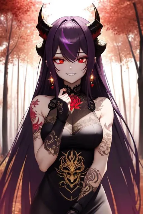 high quality. masterpiece, 8k, street, tree, road, tree canopy, upper body, face focus, 1girl, arrogant, mei, horns, long hair, (purple eyes:1.1), purple Amethyst hair, evil smile, big grin, golden red copper sliver tattoo black leggings, Amethyst laced glow tattoo black bodystockings, lace fractal red and golden glow enhanced skeleton Amethyst black tattoo bodysuit, red flower tattoo, long glow hair, glow golden earrings, red eyes, white face, tattoo mark mask tattoo, arrogant, she is standing, sunlit, weak lights and shadow, tree canopy, street, red flowers, evergreen, face focus,