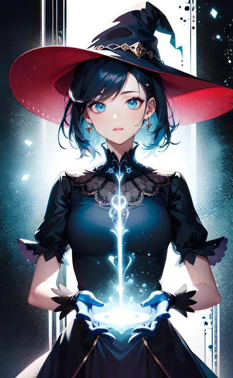 1girl, casting spell, magic, short hair, blue hair, blue eyes, witch hat, black dress, short sleeves, black gloves, abstract background, light particles, light rays