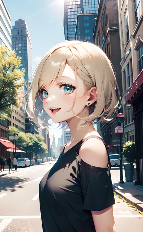 1girl, upper body, standing, from side, short hair, blonde hair, green eyes, black shirt, T-shirt, short sleeves, shoulder cutout, bare shoulders, open mouth, smile, outdoors, city, cityscape, blue sky, sunlight