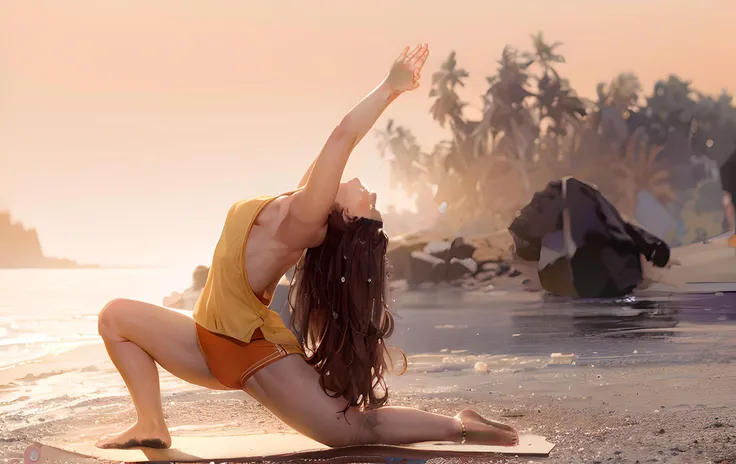 model photoshoot, 1girl, wearing gym attire, barefoot, bare legs, performing yoga, beach landscape background, (beautiful face:0.9), blue eyes, brown hair, smile, looking up at sky, feet, thunderstorm clouds in sky, smile, natural rim lighting, golden hour, depth of field, focus, wallpaper, poster, sharp focus, hyperrealism, insanely detailed, lush detail, 100mm, film photography, DSLR, (skin dentation:0.3), (masterpiece:1), (dirtyfeet:0.2), covered in dirt, covered in sand, covered in mud, (dark brown:0.9), (dirty foot:1.3), rim lighting