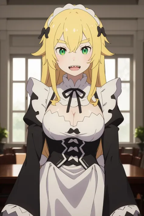 cowboy shot,indoors,smile,open mouth, sharp teeth,
<lora:æ³å
°é»èå¡Â·é²æ¼1V:0.6>,æ³å
°é»èå¡Â·é²æ¼,1girl,solo,blonde hair,very long hair,sidelocks,thick eyebrows,hair between eyes,green eyes,
maid,maid headdress,roswaal mansion maid uniform,detached collar,neck ribbon,black ribbon,cleavagecutout,medium breasts,black dress,long sleeves,juliet sleeves,wide sleeves,cleavage,frills,waist apron,white apron,long dress,, Exquisite visuals, high-definition,masterpiece,best quality,, 18yo,Young female,Beautiful Fingers,Beautiful long legs,Beautiful body,Beautiful Nose,Beautiful character design, perfect eyes, perfect face,expressive eyes,
official art,extremely detailed CG unity 8k wallpaper, perfect lighting,Colorful, Bright_Front_face_Lighting,shiny skin,
(masterpiece:1.0),(best_quality:1.0), ultra high res,4K,ultra-detailed,
photography, 8K, HDR, highres, absurdres:1.2, Kodak portra 400, film grain, blurry background, bokeh:1.2, lens flare, (vibrant_color:1.2), (beautiful_face:1.5),(narrow_waist), ,NSFW,