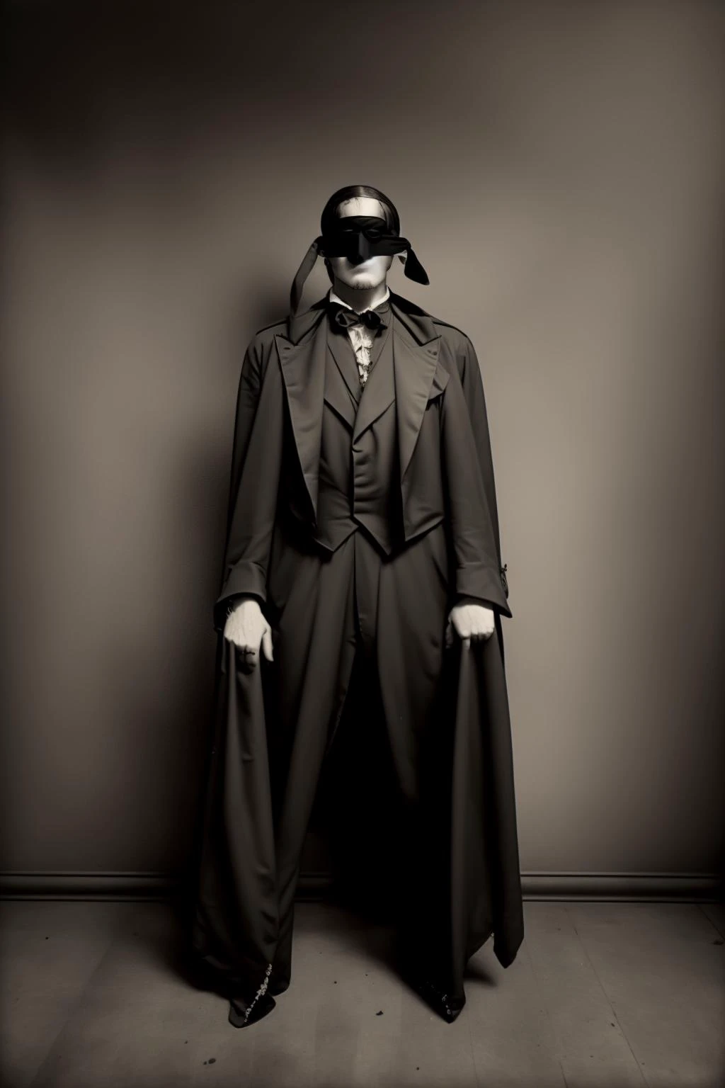 a man in a black suit with a blindfold , vintage, occult,