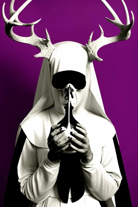 a woman with long hair covering her face with a deer skull , a black and white photo , a woman in a nun costume holding a pink object in front of a painting of birds and a star on a pink background with a pink background , vintage, occult,