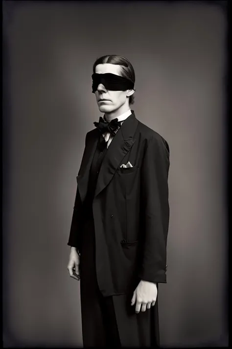 a man in a black suit with a blindfold , vintage, occult,