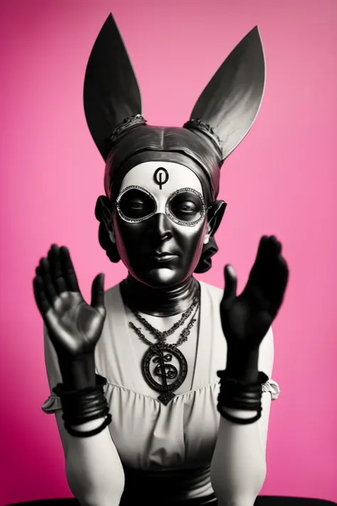 a woman with a black mask and a hand , a black and white photo , a statue of a woman sitting in a lotus position with her hands up in the air and a clock on her chest and a pink background , vintage, occult,