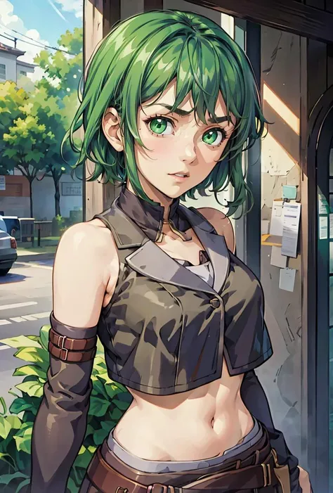 (masterpiece, best quality), 1girl,    <lora:NemesisSudou:0.8> NemesisSudou, 1girl, solo, short hair, skirt, navel, green eyes, green hair, midriff, belt, crop top,