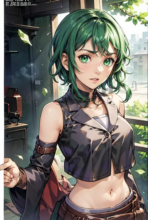 (masterpiece, best quality), 1girl,    <lora:NemesisSudou:0.8> NemesisSudou, 1girl, solo, short hair, skirt, navel, green eyes, green hair, midriff, belt, crop top,