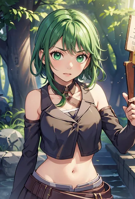 (masterpiece, best quality), 1girl,    <lora:NemesisSudou:0.8> NemesisSudou, 1girl, solo, short hair, skirt, navel, green eyes, green hair, midriff, belt, crop top,