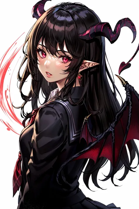 1girl, 1boy, horns, school uniform, pointy ears, wings, earrings, serafuku, jewelry, white background, upper body, red eyes, demon wings, demon horns, demon boy, simple background, back-to-back, pink eyes, parted lips, black serafuku, brown hair, demon girl, black hair, looking at viewer, long hair, gakuran