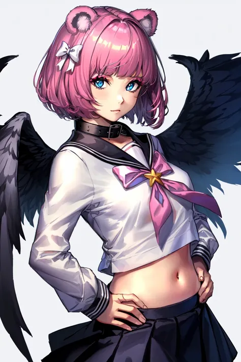 1girl, (hands on hip), solo, pink hair, animal ears, blue eyes, wings, looking at viewer, bangs, short hair, bow, sailor collar, simple background, white sailor collar, hair bow, pink bow, closed mouth, shirt, white shirt, bear ears, bob cut, mini wings, grey background, portrait, detached wings, makeup, upper body, white background