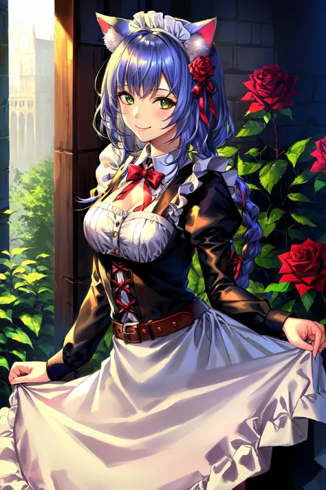 1girl, solo, flower, animal ears, official alternate costume, long sleeves, rose, juliet sleeves, looking at viewer, apron, dress, red flower, green eyes, cat ears, skirt hold, puffy sleeves, closed mouth, maid, white apron, red rose, hairband, green dress, bangs, maid headdress, cowboy shot, white hair, breasts, upper body, long hair, braid, ribbon, smile, animal ear fluff, belt, maid apron, buttons