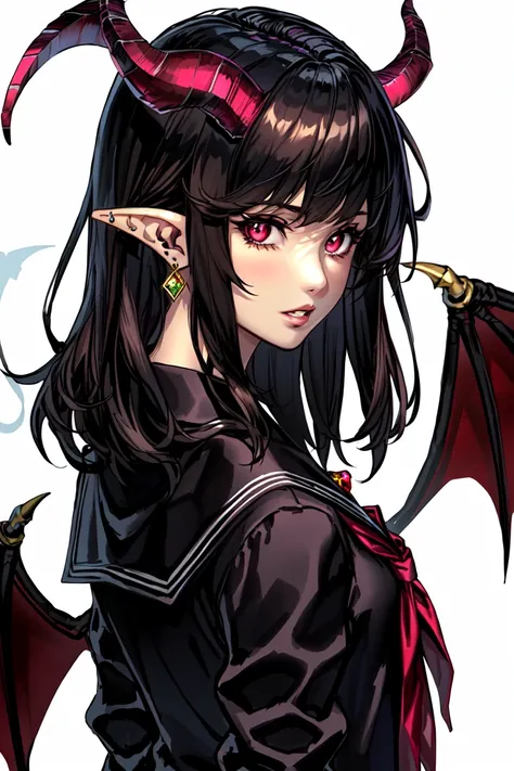 1girl, 1boy, horns, school uniform, pointy ears, wings, earrings, serafuku, jewelry, white background, upper body, red eyes, demon wings, demon horns, demon boy, simple background, back-to-back, pink eyes, parted lips, black serafuku, brown hair, demon girl, black hair, looking at viewer, long hair, gakuran