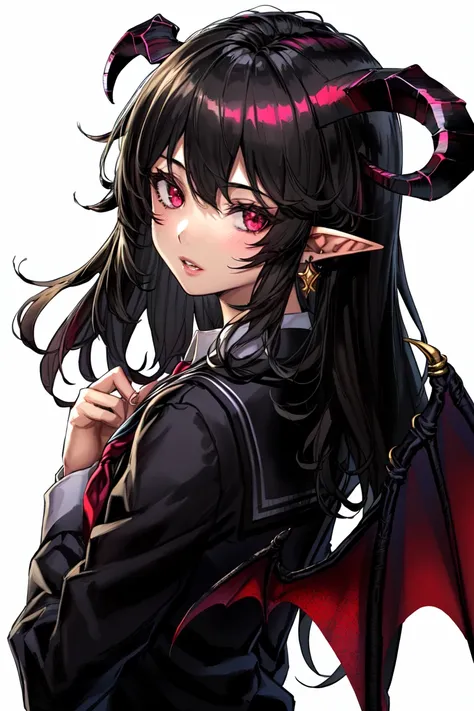 1girl, 1boy, horns, school uniform, pointy ears, wings, earrings, serafuku, jewelry, white background, upper body, red eyes, demon wings, demon horns, demon boy, simple background, back-to-back, pink eyes, parted lips, black serafuku, brown hair, demon girl, black hair, looking at viewer, long hair, gakuran