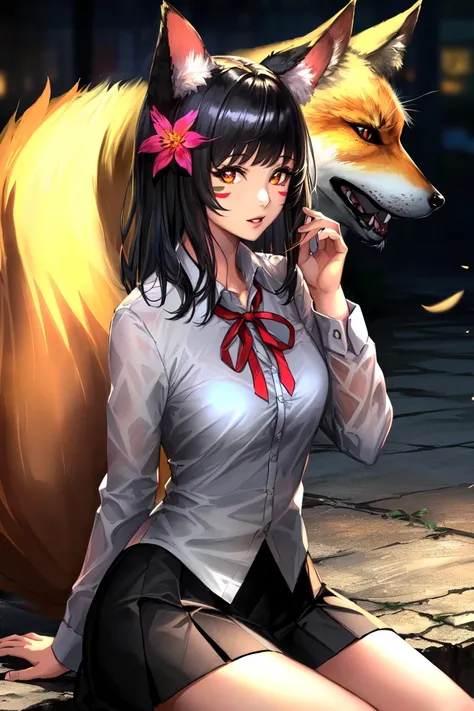 1girl, animal_ears, artist_name, bangs, black_hair, black_skirt, blue_ribbon, blurry, blurry_background, collared_shirt, facial_mark, flower, fox_ears, grey_flower, hair_flower, hair_ornament, highres, league_of_legends, long_hair, looking_at_viewer, neck_ribbon, nixeu, orange_eyes, parted_lips, pleated_skirt, ribbon, shirt, sitting, skirt, solo, teeth, whisker_markings, white_shirt