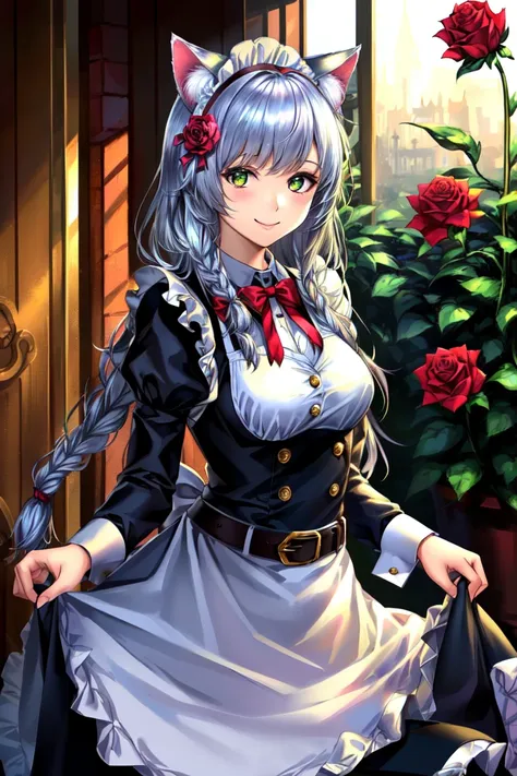 1girl, solo, flower, animal ears, official alternate costume, long sleeves, rose, juliet sleeves, looking at viewer, apron, dress, red flower, green eyes, cat ears, skirt hold, puffy sleeves, closed mouth, maid, white apron, red rose, hairband, green dress, bangs, maid headdress, cowboy shot, white hair, breasts, upper body, long hair, braid, ribbon, smile, animal ear fluff, belt, maid apron, buttons